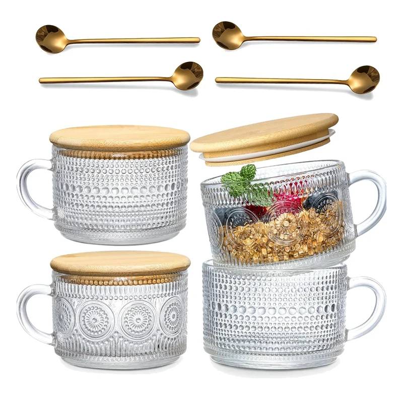 

4PCS Set Vintage Coffee Mugs Overnight Oats Containers 14Oz Clear Embossed Glass Cups With Bamboo Lids And Spoons