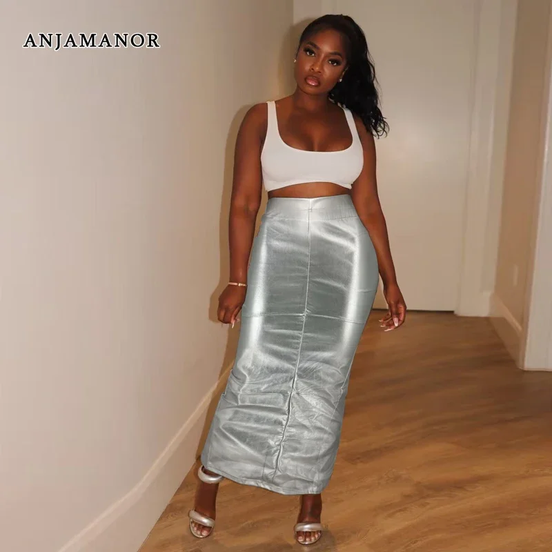 

ANJAMANOR Metallic PU Leather High Waist Slit Long Skirts Silver Fashion 2023 Autumn Winter Maxi Skirt for Women Elegant D13DD31
