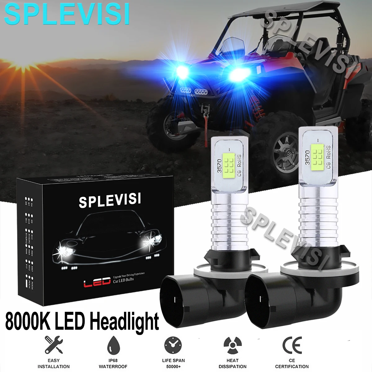 2PCS 8000K Ice Blue 35W LED Headlight Bulbs Kit  For Polaris Ranger 700 RZR 500 800 900 ATV