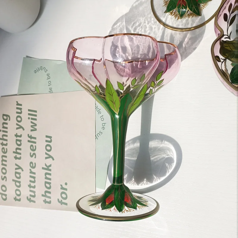 Austria Vintage Champagne Wine Glasses Crystal Glass Red Wine Cup Light Luxury Pink Hand Painted Ice Cream Bowl Flower Goblet glass drinkware
