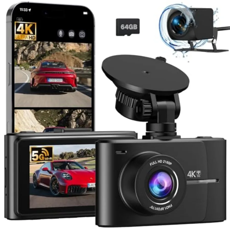 4K +2.5K Dash Cam Front and Rear Free 64GB Card Included 5.8GHz WiFi Dash Camera for Cars Built-in Night Vision G-Sensor 170°Wi