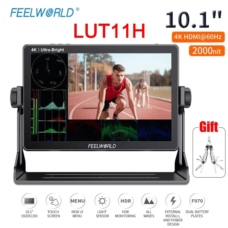 FEELWORLD LUT11H 10.1 Inch 2000nit Ultra Bright IPS Touch Screen 3DLUT HDMI-Compatibled Camera Field Monitor with F970 External