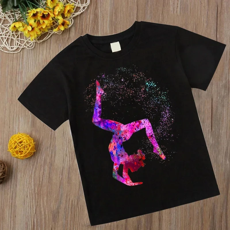 Watercolor Gymnastics T-shirt New Kids Girls Cotton T-shirt Kawaii Gymnastics Art T-shirt Fashion clothing Cartoon black T-shirt 6