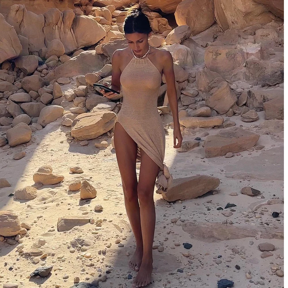 Swimsuit Cover Up Swimsuit Coverup 2025 Kintted Cover Up Beach Sexy See Through Maxi Slit Bodycon Summer Dress Bikinis Cover-ups Elegant Halter Beachdress