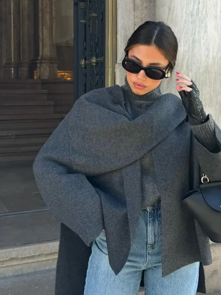 Women Fashion Scarf Decorated Woolen Jacket Casual Solid Long Sleeve Loose Warm Overcoat 2024 Autumn Winter New Lady Chic Coat 4