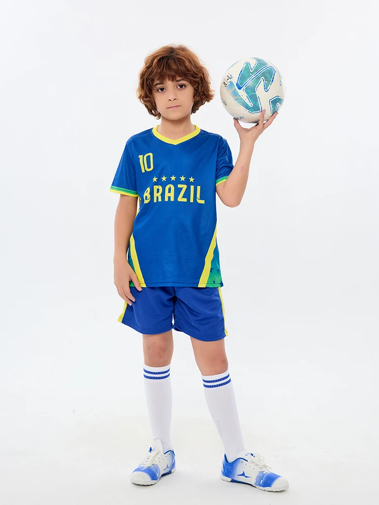 Colorful Summer Soccer Jersey Set for Kids - Yingruida Blue Brazil Away Design