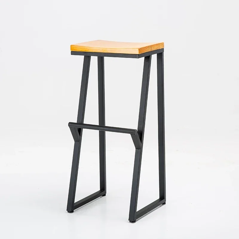 Minimalist High Foot Iron Bar Chair, Solid Wood Seating, Counter Seats, Stable Load-Bearing Restaurant Furniture, Kitchen Stools