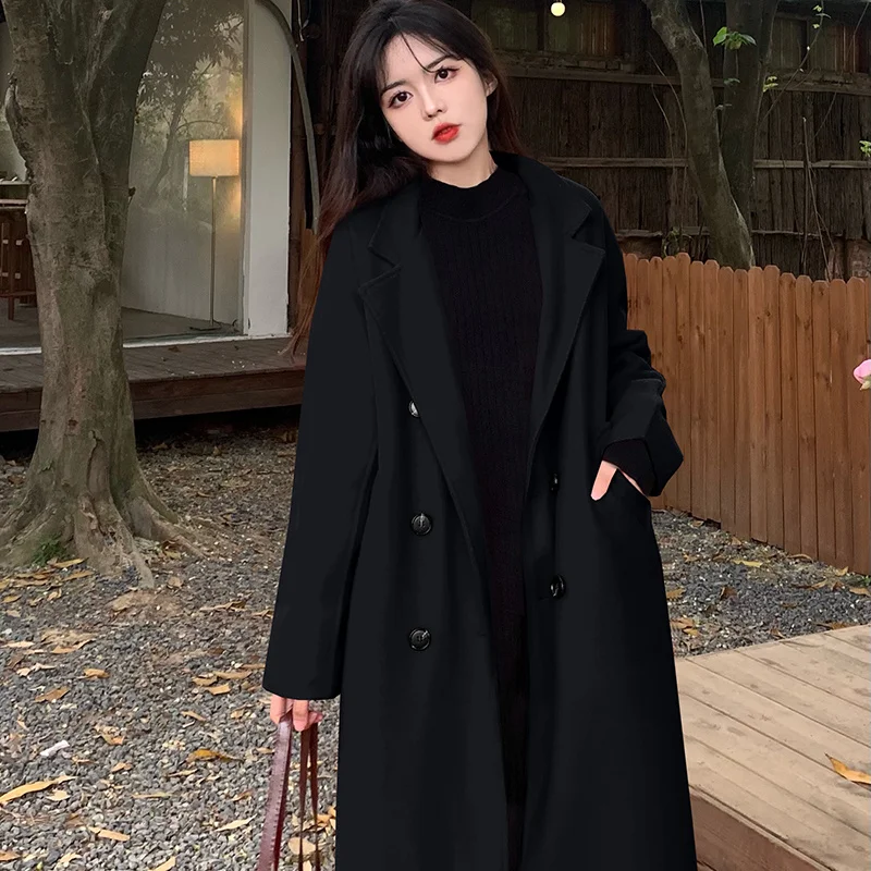 Hepburn Style Black Woolen Coat With High-end Feel Autumn New Slimming Medium Length Woolen Coat For Women's Commuting Versatile