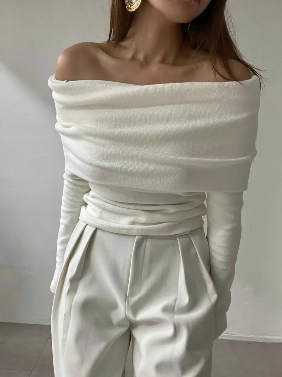 Sweater Knit Pullover Backless Women Slim Bandeau Solid Cropped Top Streetwear Off-Shoulder Elegant Autumn Knitwear Top