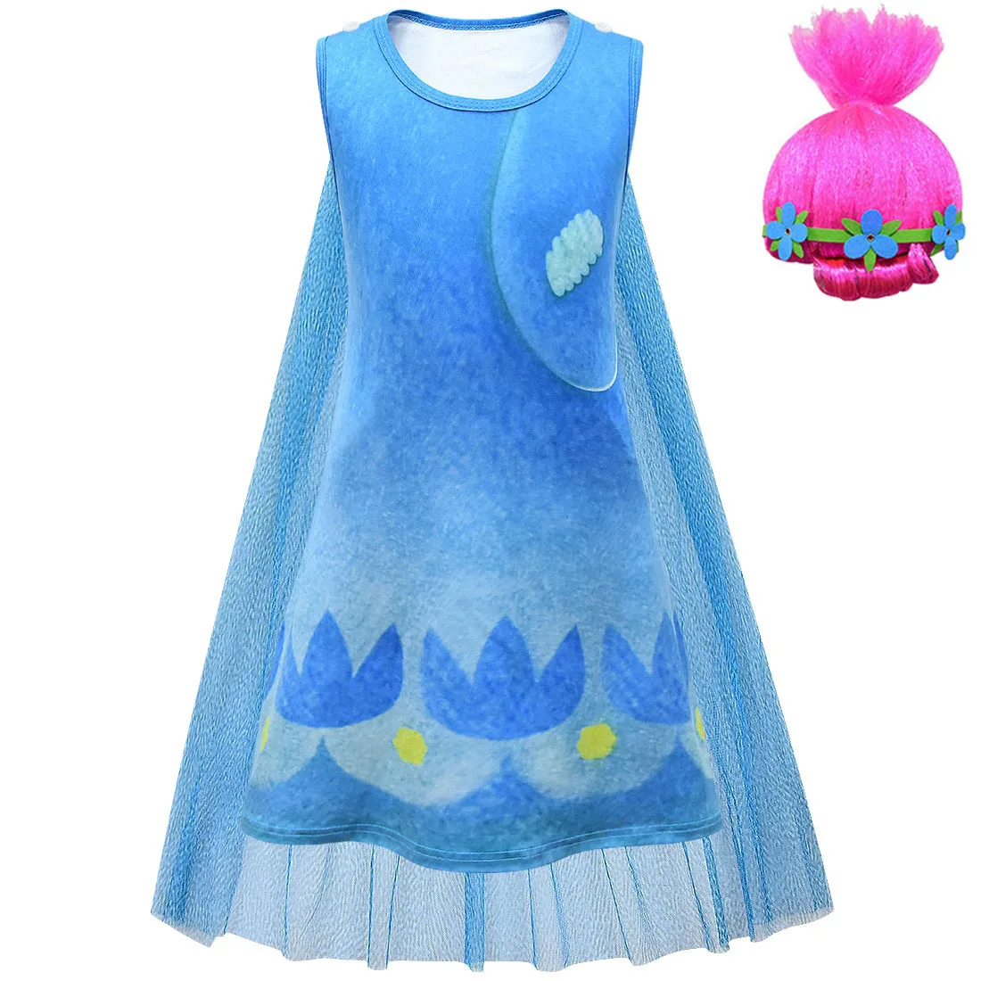 Girl Trolls2 Poppy Dress-Up Costume Cosplay Fancy Party Princess Camicia Da Notte Con Mantello E Parrucca