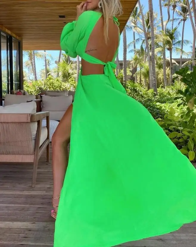 

Sexy Fashion Dresses For Women 2023 Summer Elegant V-Neck Lantern Sleeve Cutout Backless High Slit Maxi Dress Female Clothing