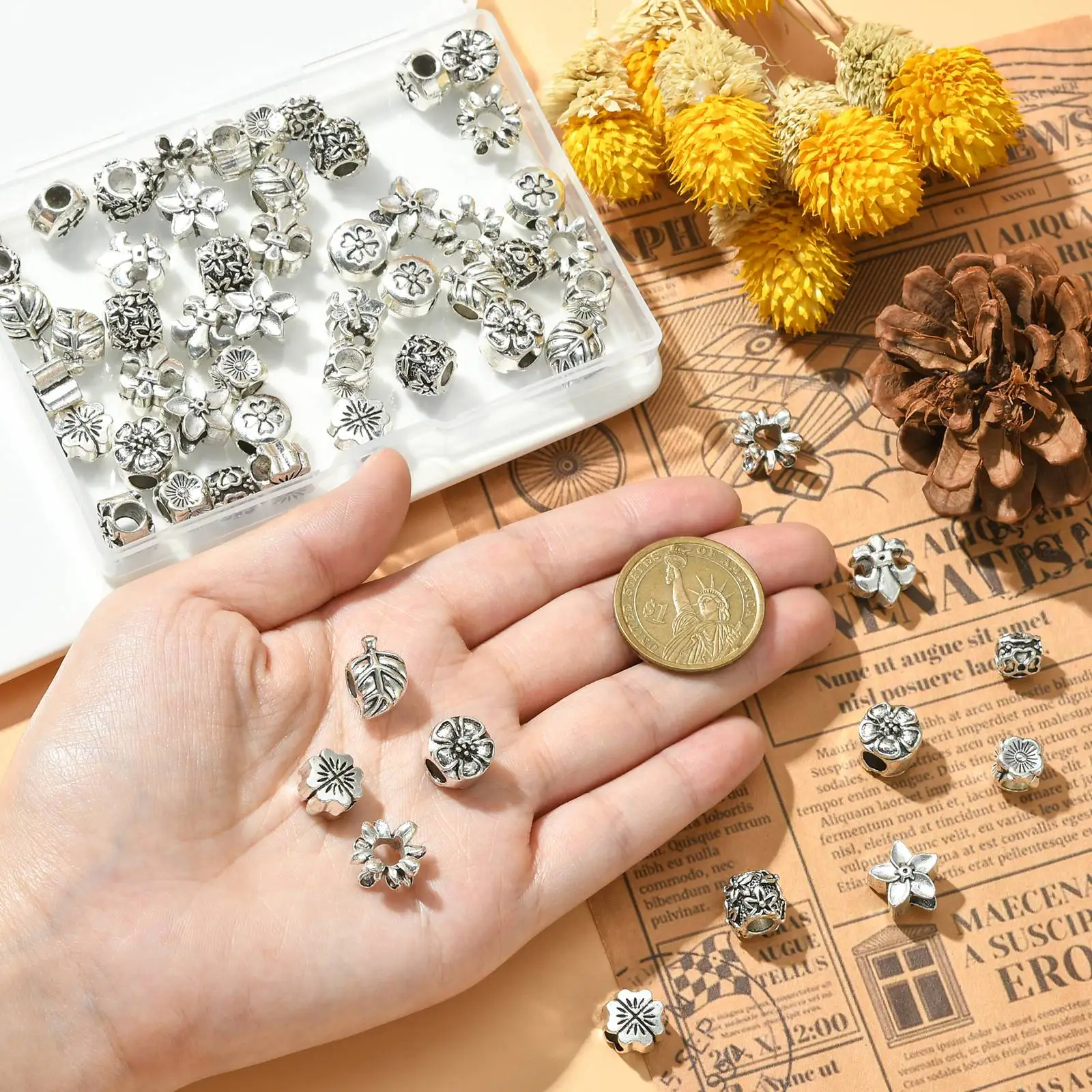 60Pcs 10 Styles Tibetan Style Flower European Beads Antique Silver Floral Spacer Beads for Bracelet Necklace Jewelry Making