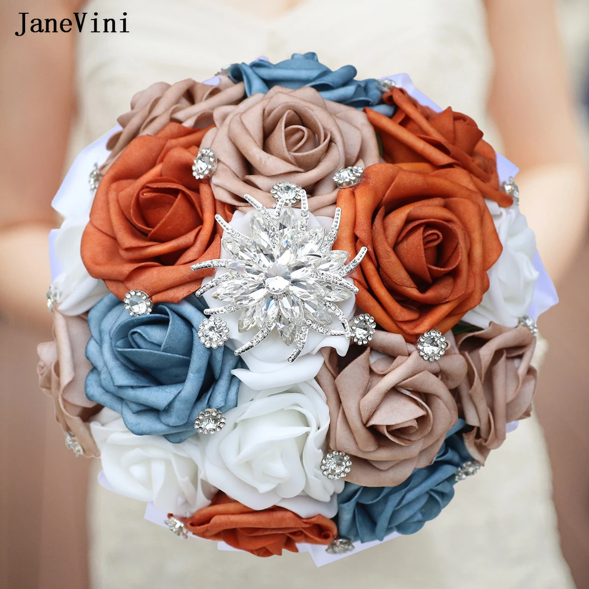 JaneVini Vintage Orange White PE Bridal Bouquets with Silver Rhinestones Artificial Foam Roses Fake Wedding Flowers Bouquet