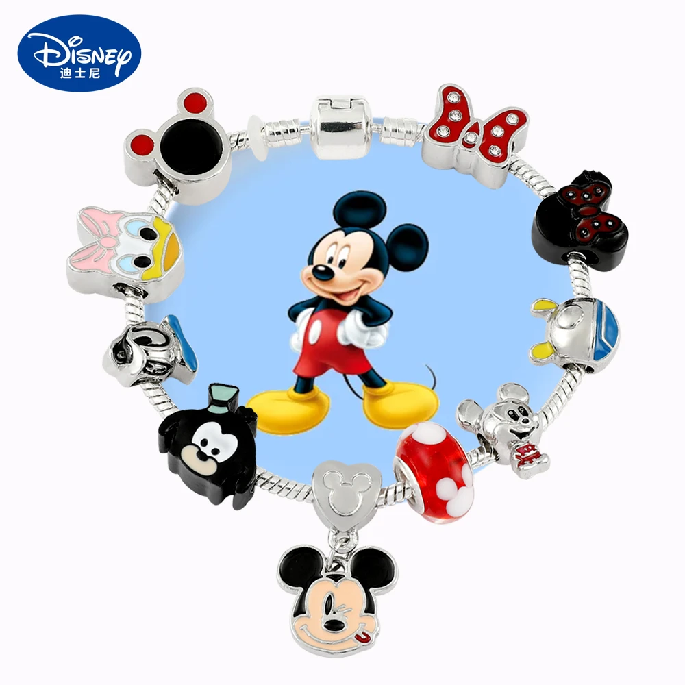 Disney Pulsera con colgante de Mickey y Minnie para Mujer, brazalete de cuentas cristal rojo con clásico de corazón, plateado, joyería| | - AliExpress