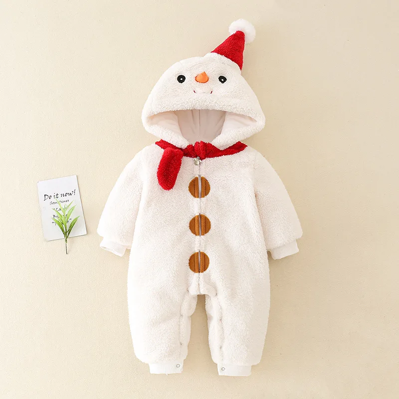 Baby Christmas Snowman Onesie Infant Warm Plush Jumpsuit with Hooded Hat Xmas Costume