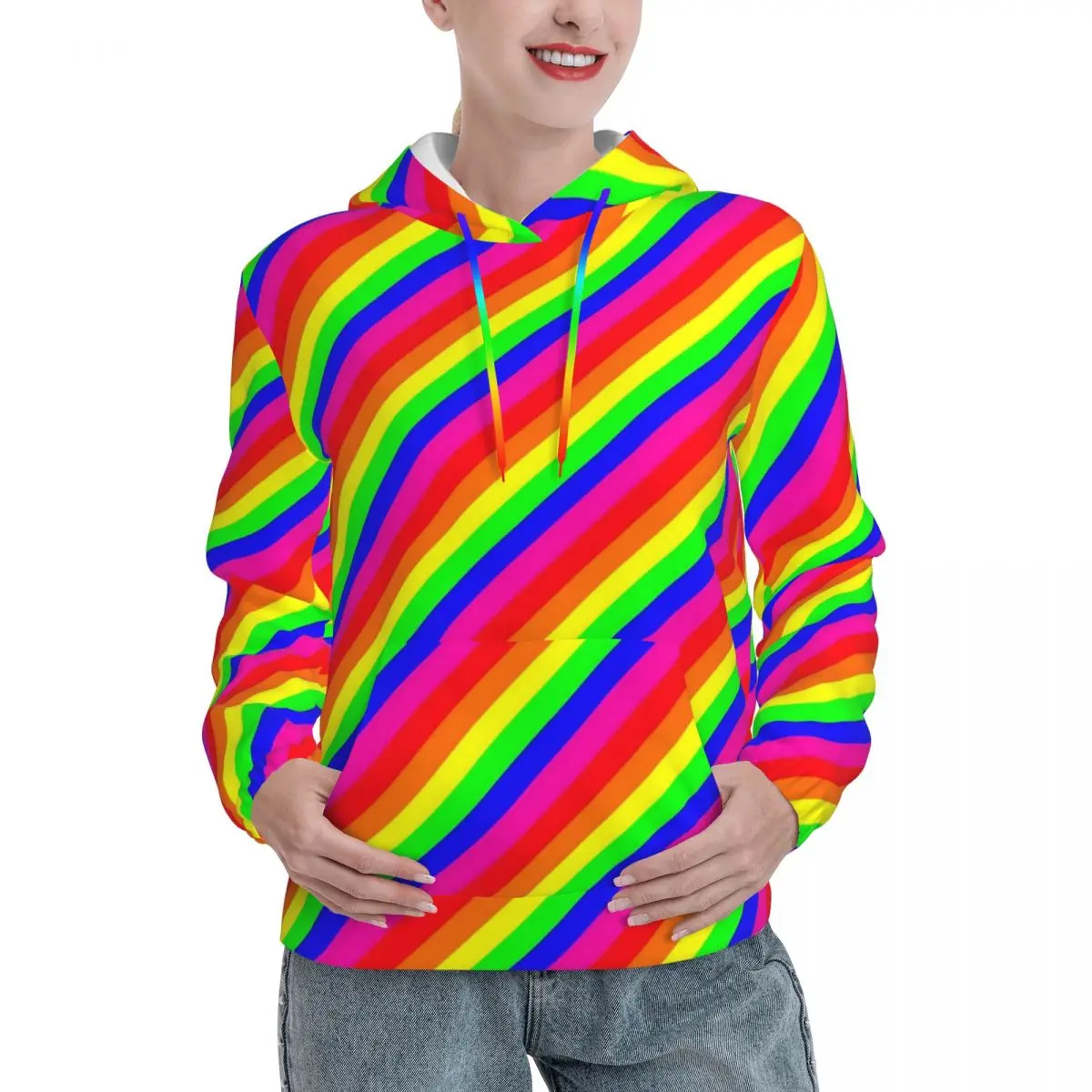 

Повседневные толстовки в радужную полоску, зимняя верхняя одежда с длинным рукавом и разноцветным принтом, большой размер, толстовка, подарок