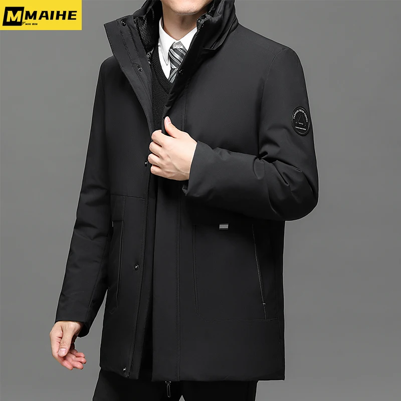 Men's Winter Hooded Down Jacket Business Casual Thickened Warm Large Pocket Parka Men's Padded Goose Down Padded Jacket