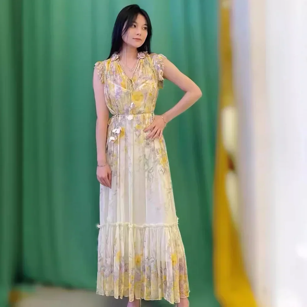 

2024 New Australia Light Luxury Printed Yellow Flower Holiday Wind Fairy Flower Printed Lotus Sleeve Dress Women's Long Skirt
