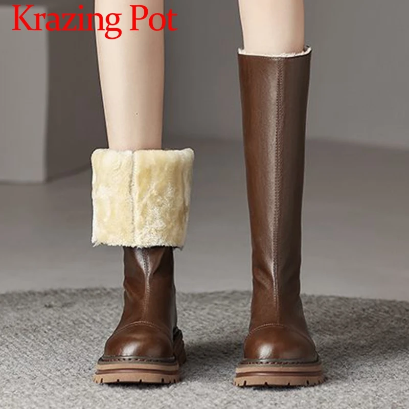 

Krazing Pot Full Leather Round Toe Med Heels Thick Bottom Snow Boots Slip on Simple Style Platform Keep Warm Thigh High Boots