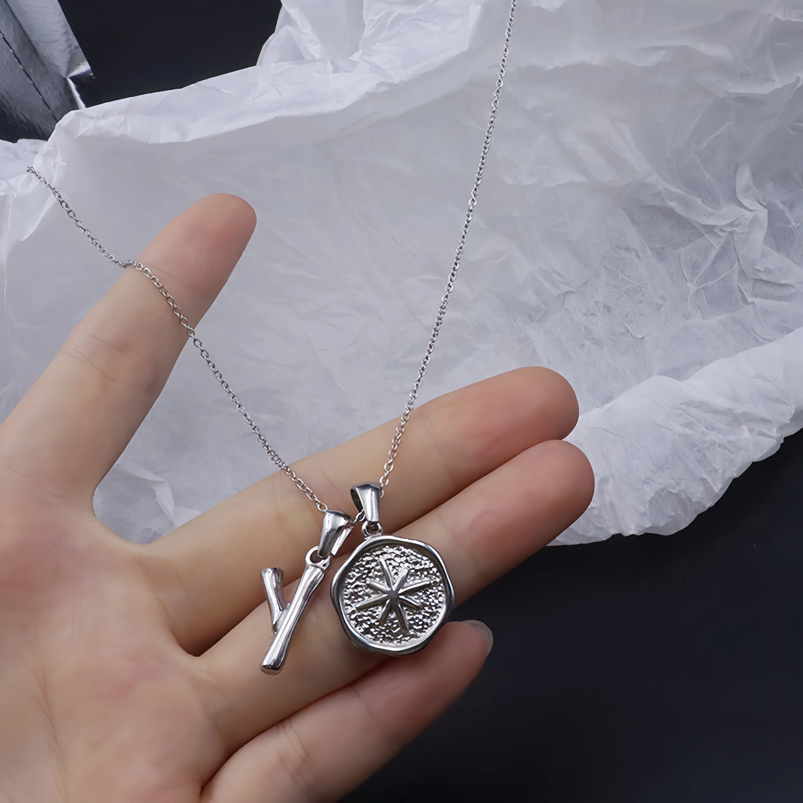 RHYSONG 316L Stainless Steel Initial Letter Silver Color Pendants Round Sun Charm For Women DIY Findings Jewelry Without Chain 5