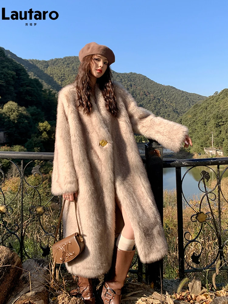 

Lautaro Winter Long Thick Warm Soft Hairy Black Fluffy Faux Fox Fur Coat Women with Deep V Neck Loose Casual Korean Fashion 2023