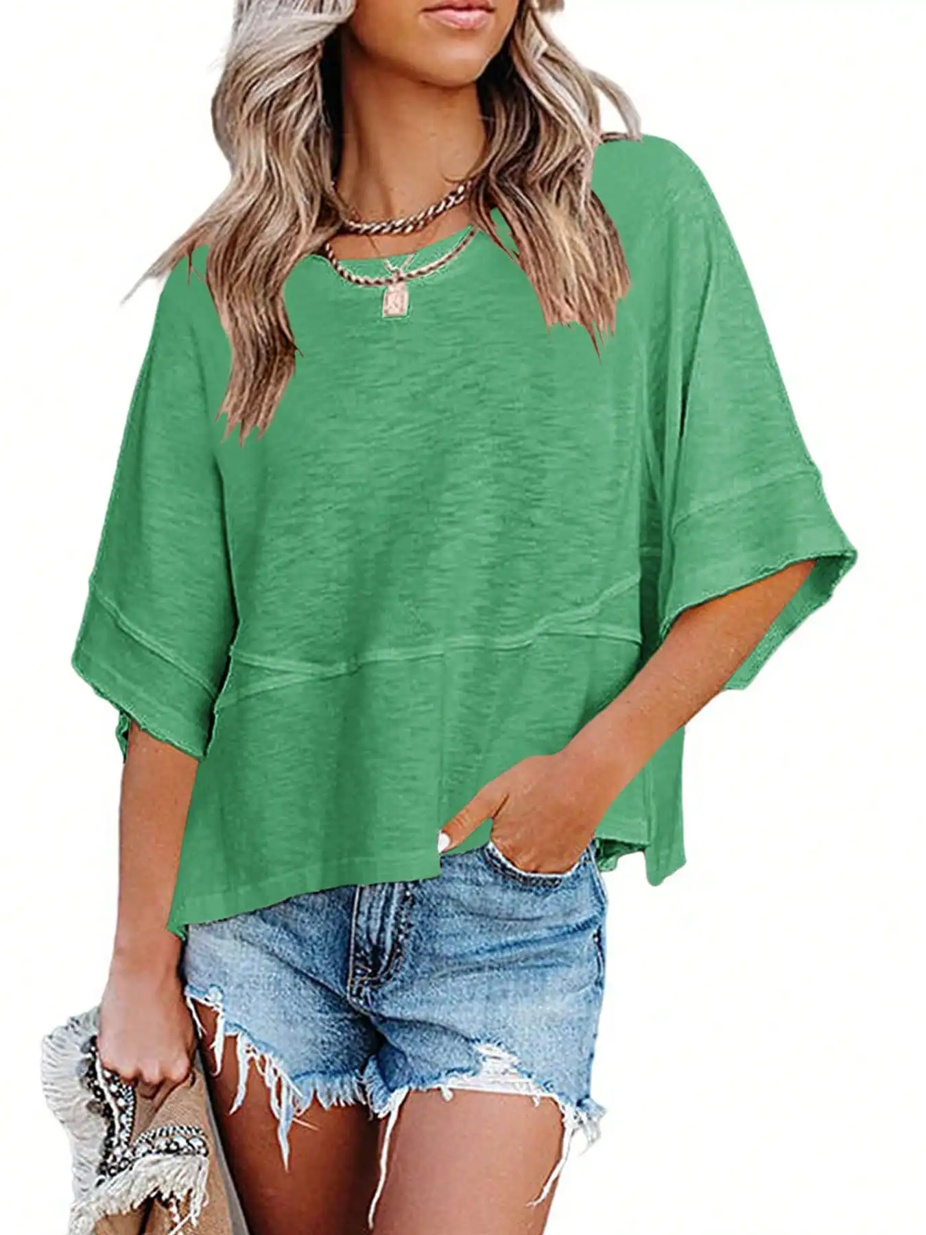Women's Summer New Crewneck Batwing Half Sleeve Tops Solid Color Loose Fit Cute Flowy Tee Shirts Casual Dressy Cropped Blouse 1