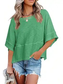 Women's Summer New Crewneck Batwing Half Sleeve Tops Solid Color Loose Fit Cute Flowy Tee Shirts Casual Dressy Cropped Blouse 1