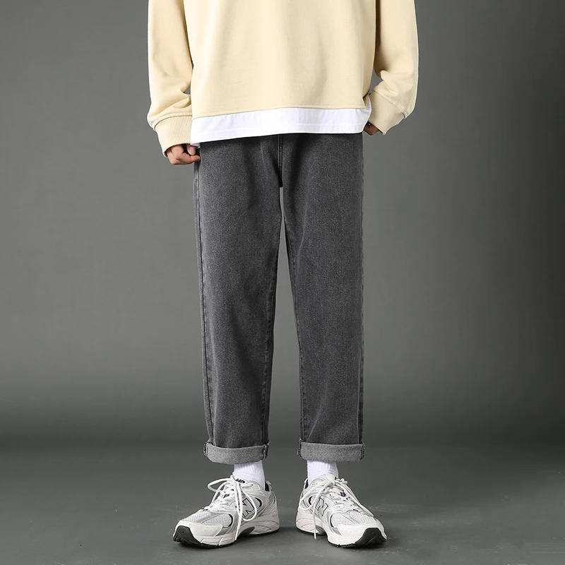 

2022 Spring New Men's Denim Cropped Pants Korean Fashion Style Loose Skinny Jeans Male Light Blue Dark Grey