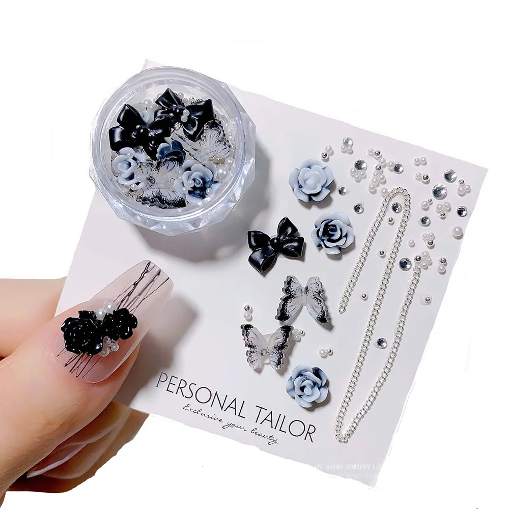 

1Box Camellia Butterfly Nail Art Decoration Mix Match Chain Floral Pearl Rhinestone Alloy 3D Manicure Decorations Accessories