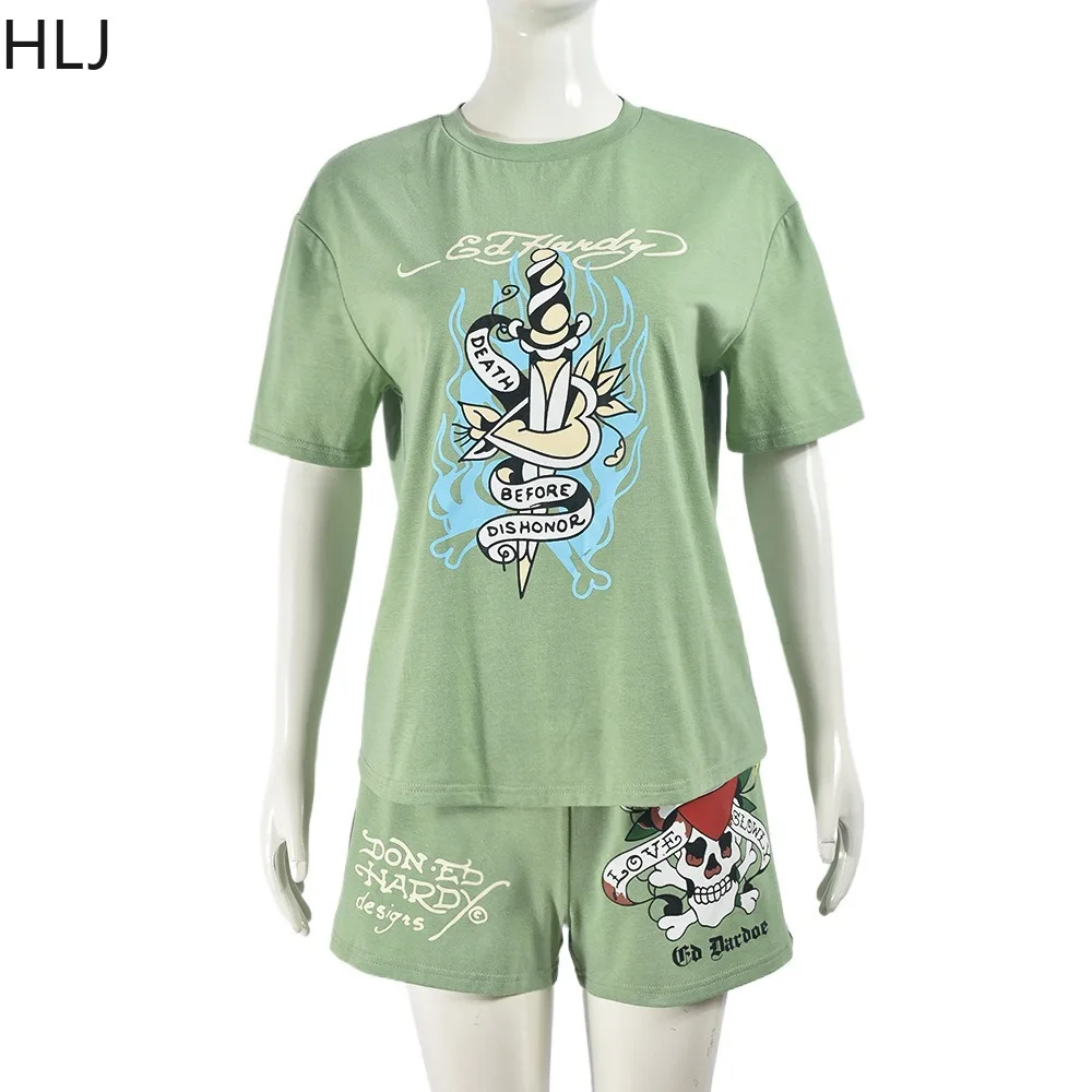 HLJ Summer New Y2K Pattern Printing Two Piece Sets Women Round Neck Short Sleeve Tshirts + Shorts Outfits Female 2pcs Tracksuits