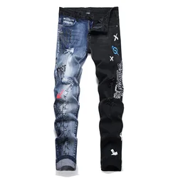 Men Spliced Stretch Denim Jeans Streetwear Punk Check Print Rivet Pants Holes Ripped Distressed Letters Painted Trousers