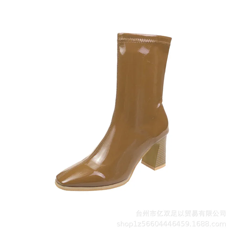 Brand Square Toe Leather Chelsea Boots Spring Fashion Women Shoes High Block Heels Ankle Length Short Booties for Female