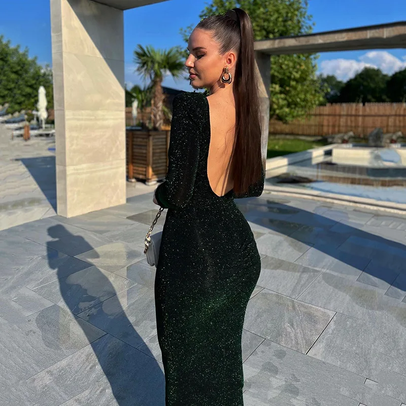 

One Line Neck Brilliant Silk Dress, Banquet Style Sexy Spicy Girl Open Back Bodycon, One Step, Long, Party, Club, Night, Autumn