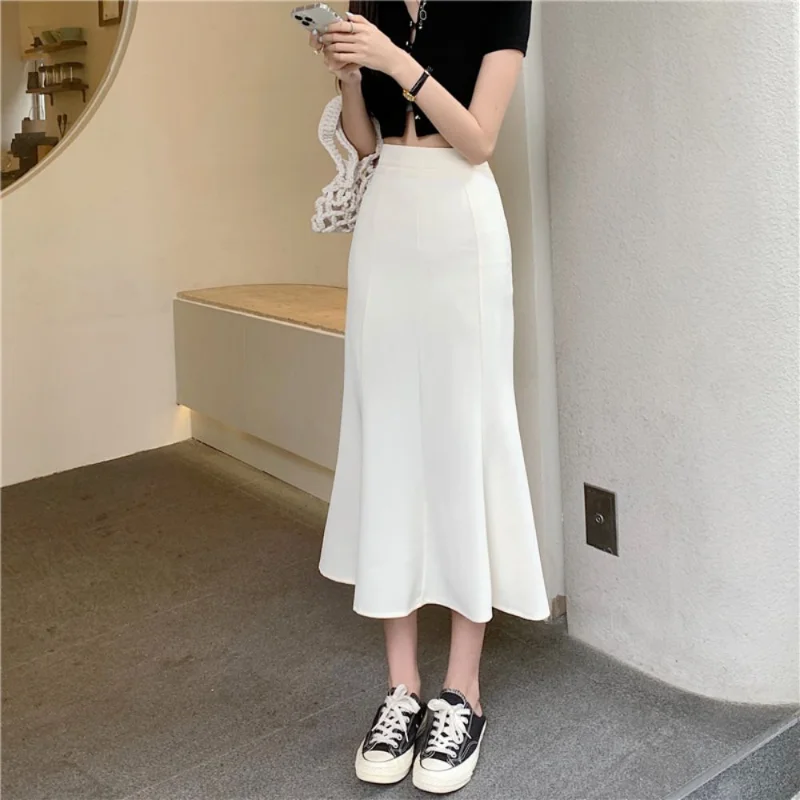 

High Waist Slimg Ruffles Mid-Length Fishtail Skirt Women 2023 New Summer White Hip Long Skirt Women's