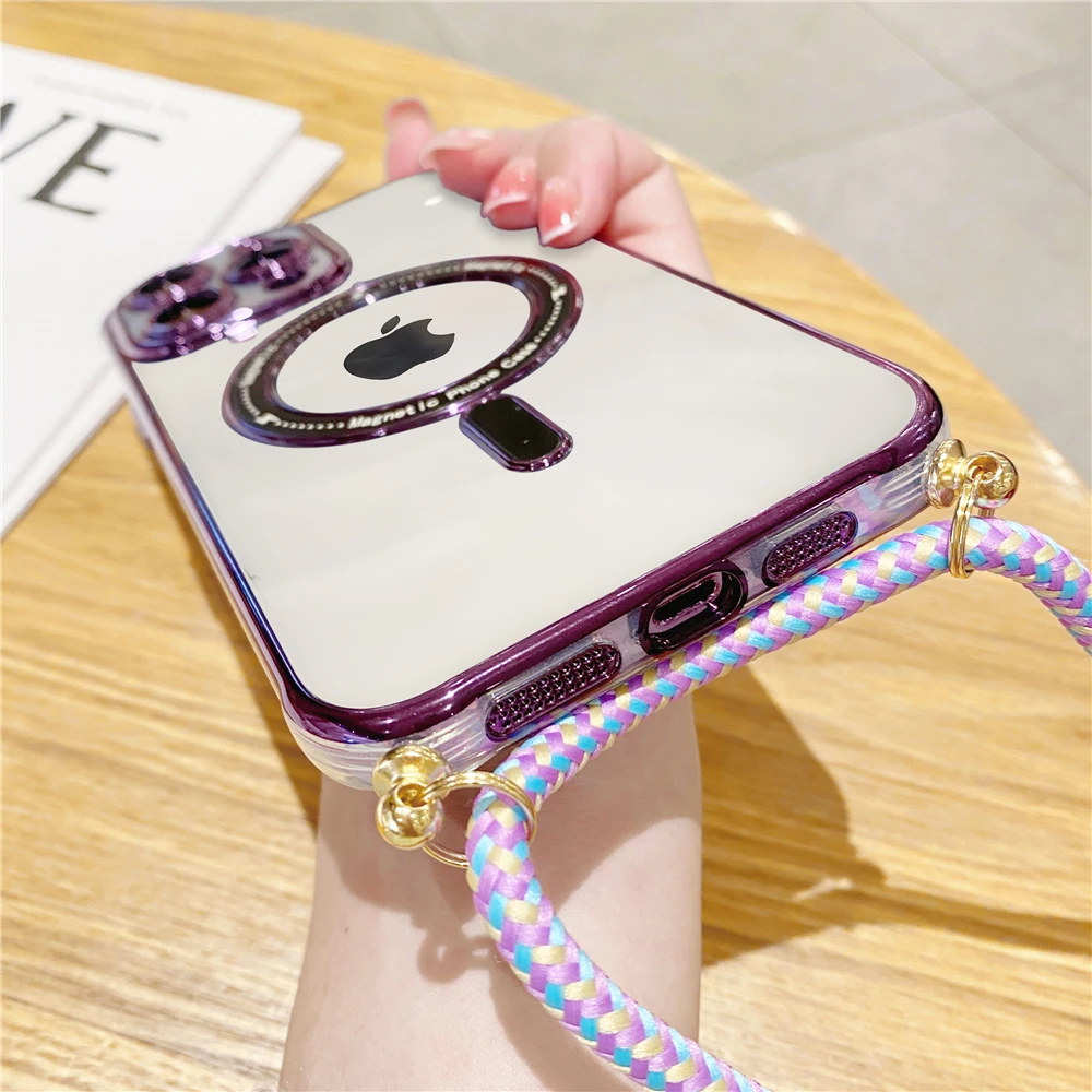 For iPhone 14 Pro Max 13 12 11 Plating TPU Crossbody Lanyard Magnetic Case  Cover