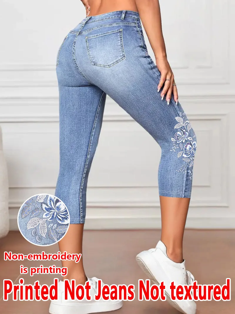 1343 Ladies' Three-Quarter Leggings with Floral Print, Form-Fitting Pants 2