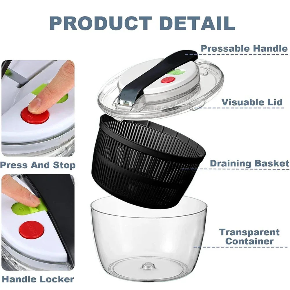 3L Large Salad Spinner with Lid One-handed Easy Press Washer Dryer Drainer Mixer for Kitchen Home Use