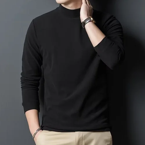남성용 하프 터틀넥 보온 셔츠, 탄력 있는 양면 플리스 탑, 단색 긴팔, 자체 발열 보터밍 셔츠 2