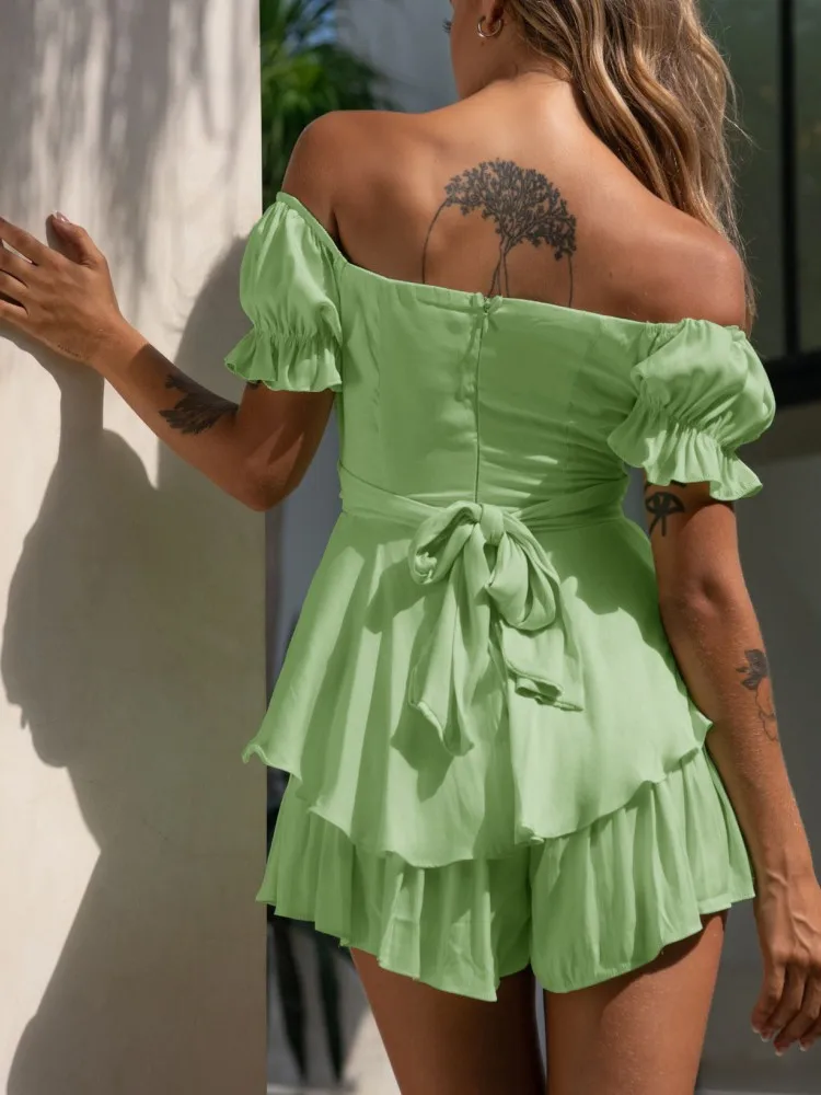 OneLineFox Black Sexy Summer Women Playsuit Ruffles V Neck Jumpsuit Off Shoulder Backless Romper Strapless Female Clothing