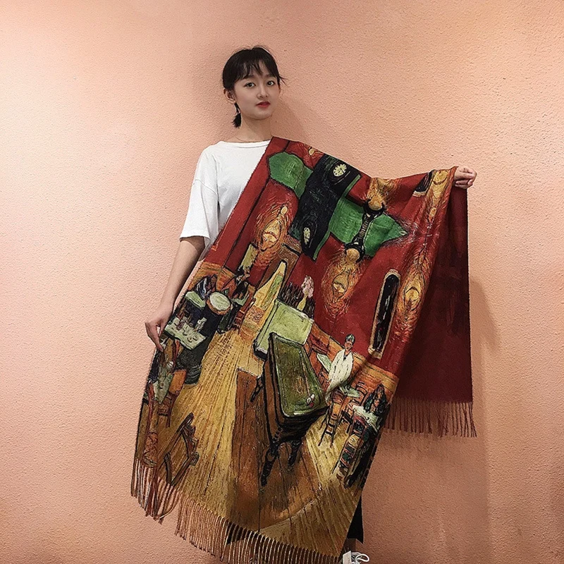 Van Gogh-Inspired Cashmere Wool Scarf - Coffee House Print Winter Wrap