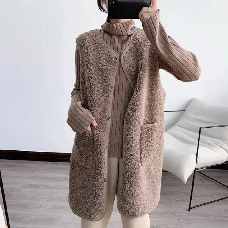 Women Winter Vest Waistcoats Single-breasted Pocket Leisure All-match Female Fashion Elegant Sleeveless Chic Lambswool Waistcoat