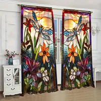 2pcs Stained Glass Dragonfly Printed Curtain - Artistic Home Decoration Curtains, All Season Decorative Curtains 1