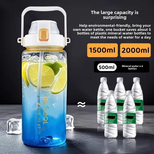 1.5/2 liter Water Bottle Portable Plastic Sports Bottle With Straw Strap Large Tumbler Gym Travel Juice Drinking Bottle BPA Free 4