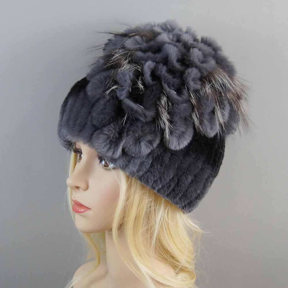 2025 Brand Women Genuine Rex Rabbit Fur Hats Winter Rex Rabbit Fur Beanies Striped Top Flower Fox Fur Warm Real Fur Knit Caps 6