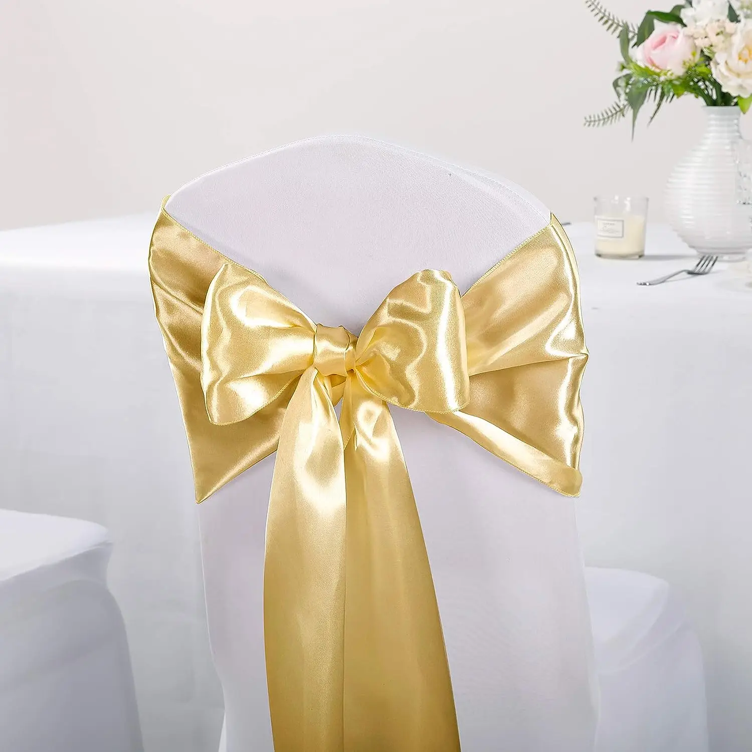 

10PCS 17x275cm Gold Satin Chair Sashes Bows Chair Cover Ribbons for Wedding Banquet Party Baby Shower Event Decorations