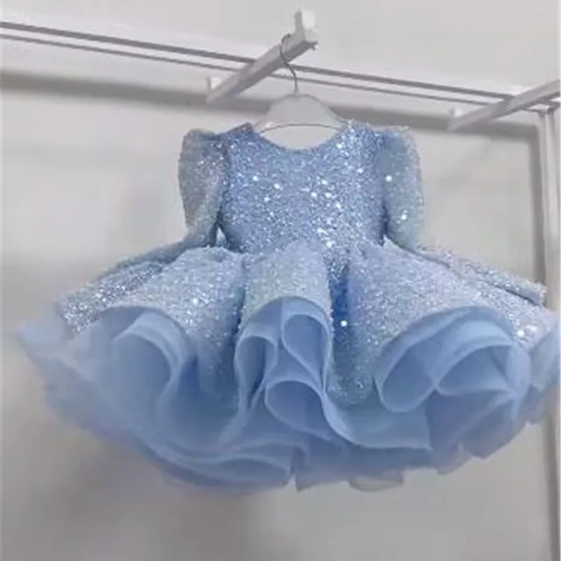 

2024 Luxurious Light Blue Glitter Flower Girl Dresses Girl Princess Dress Wedding Party Dress Girl Kid's Dress Vestidos De Niña
