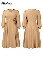 Mlaiscsr Elegant Pink A Line Loose Mid Dress for Women V Neck 3D Flower Design Puff Sleeve Office Evening Birthday Vestidos 2025 - Image 5