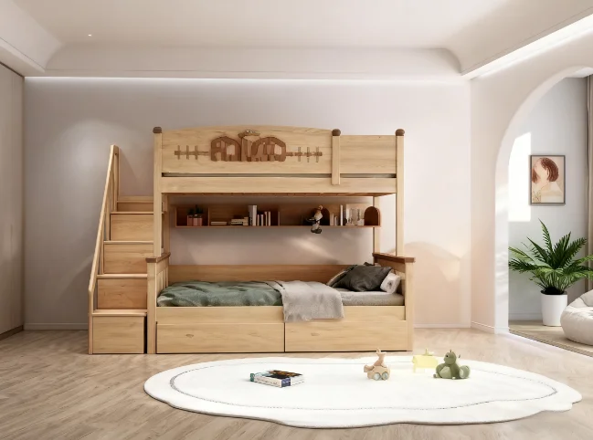 丈夫な木製二段ベッド、子供に適しています、省スペースの寝室用家具、別荘や子供部屋に最適です