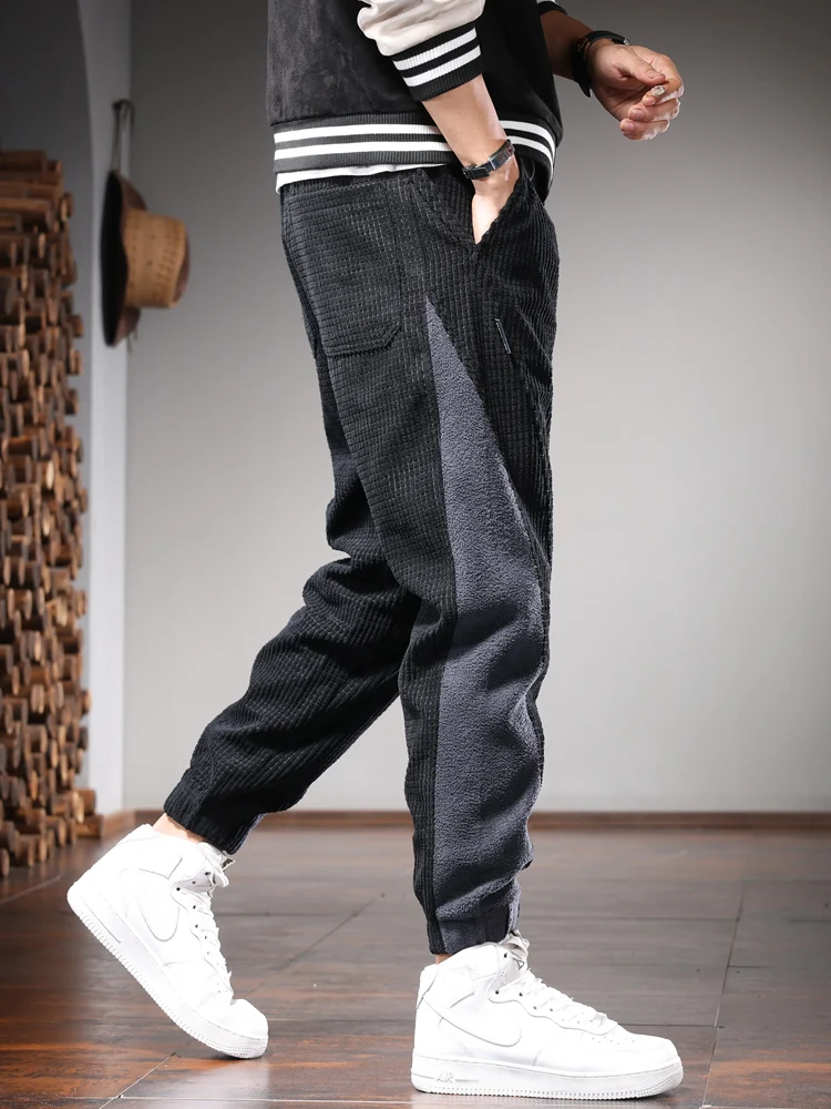 Autumn Corduroy Pants Men Casual Black Loose Harem Pants Fashion Side Stripe Sweatpants Elastic Waist Drawstring Jogger Trousers