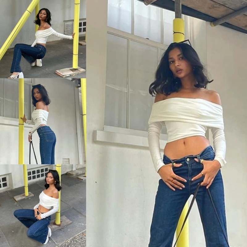 

Women Long Sleeve Off Shoulder Crop Top Fit T-Shirt Elegant Female Clothes
